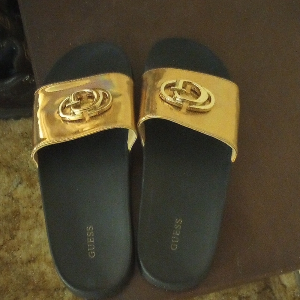 Guess Metallic Gold Slides with Black Base